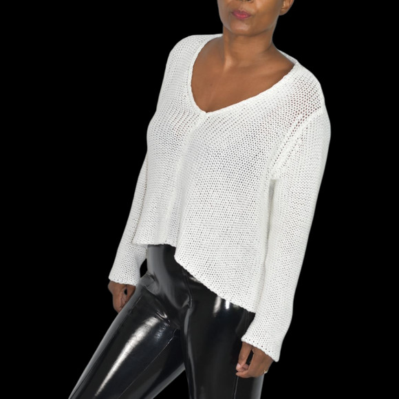 Wooden Ships Maui VNeck White Pullover Sweater Slouchy Cropped Boxy Small Medium - Picture 14 of 15